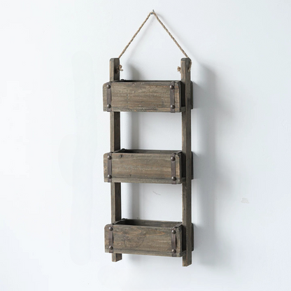 Rustic Three-Tier Wooden Wall Organizer with three shelves and rope hanger on Tampa Home & Garden Store