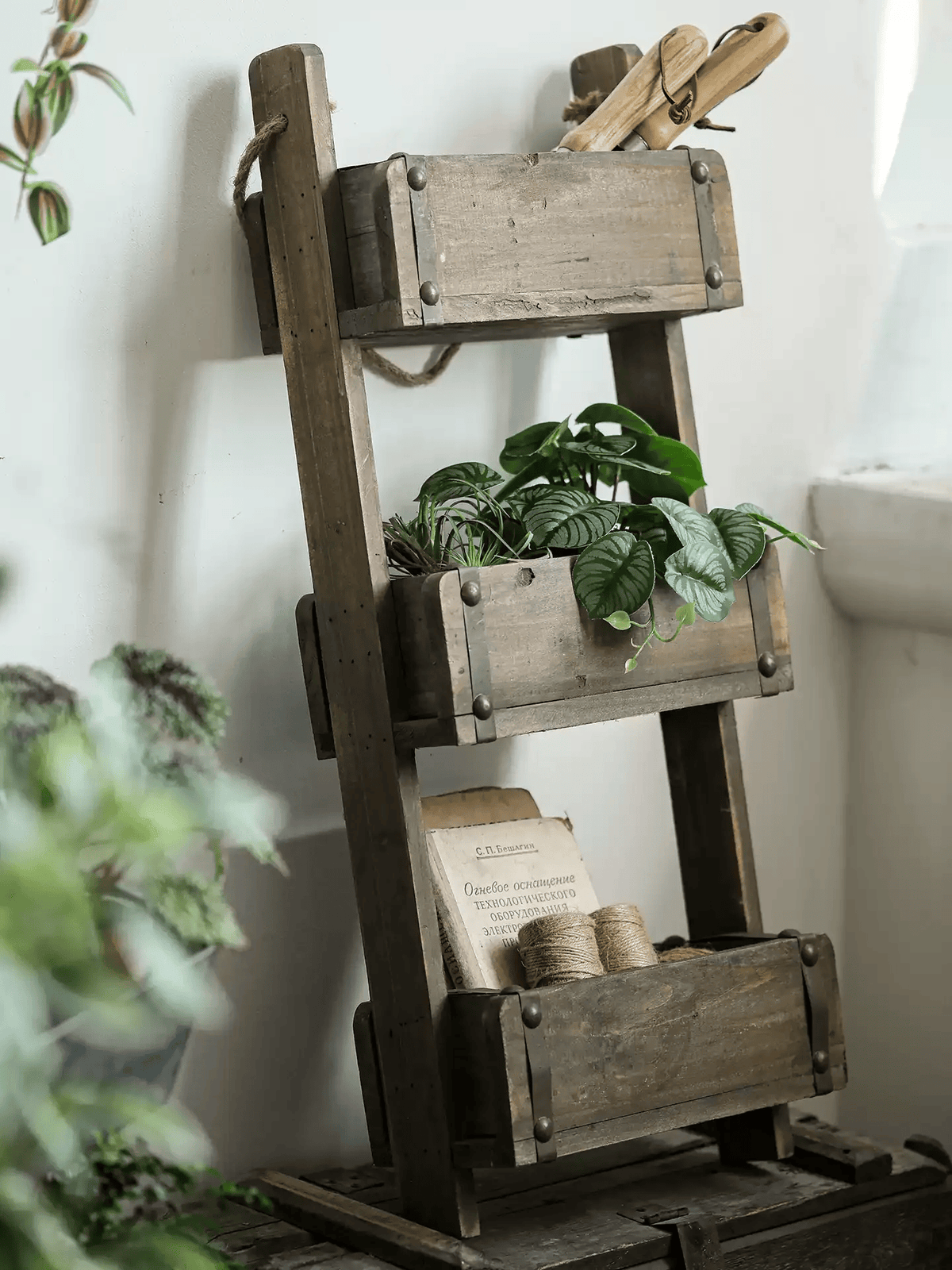 RusticReach three-tier wooden wall organizer with weathered panels on a ladder-style frame on Tampa Home & Garden Store