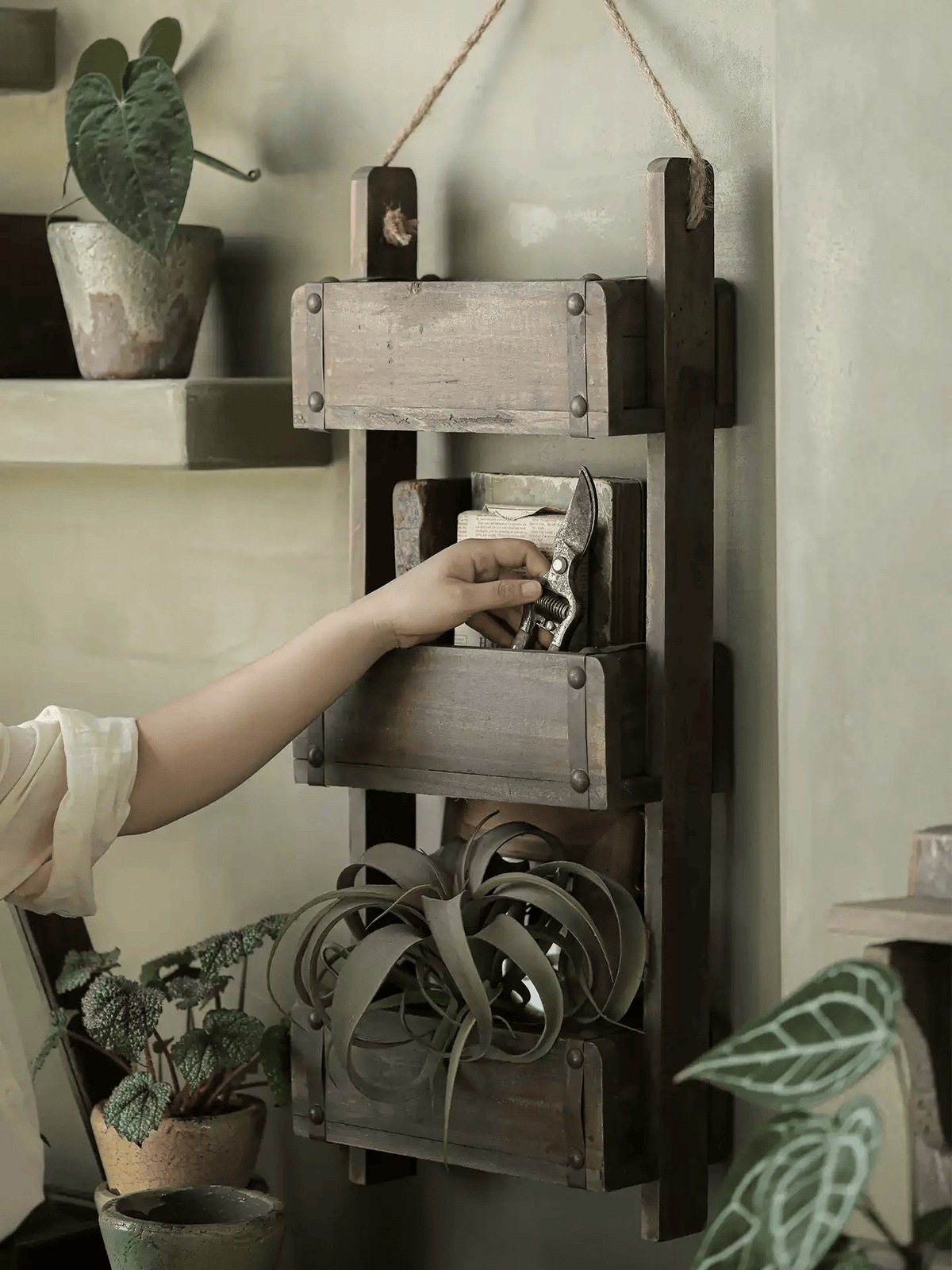Rustic Three-Tier Wooden Wall Organizer by RusticReach, weathered wood with rope-hung design on Tampa Home & Garden Store