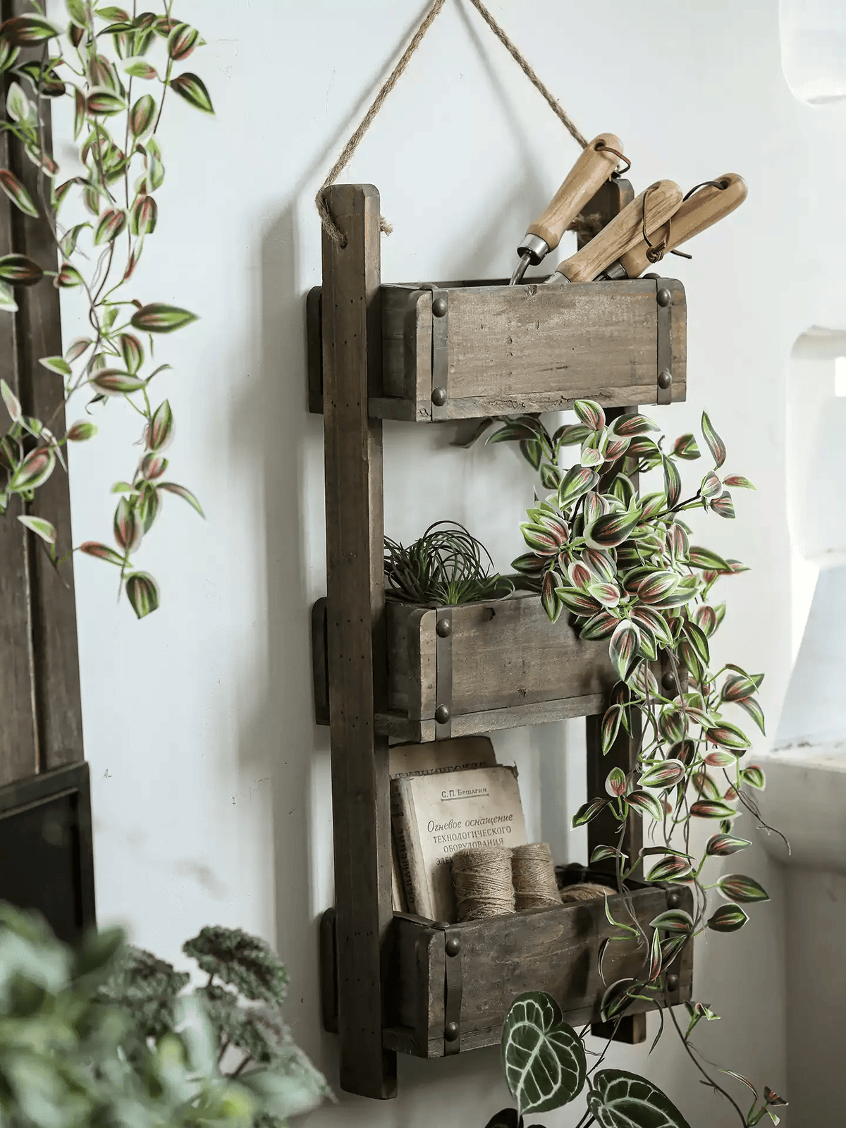 Rustic Three-Tier Wooden Wall Organizer in distressed brown wood with jute rope on Tampa Home & Garden Store