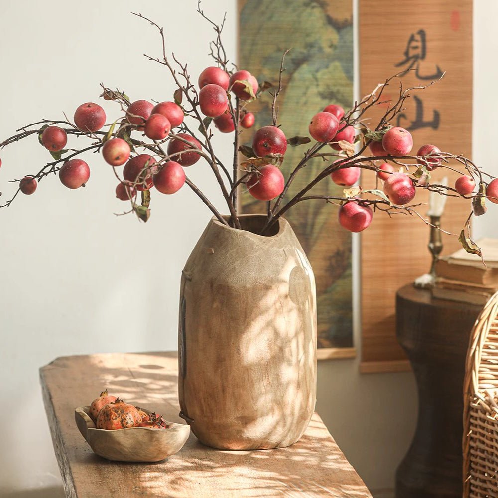 Faux Red Apple Branch Stem 36in tall in a textured brown ceramic vase RusticReach on Tampa Home & Garden Store