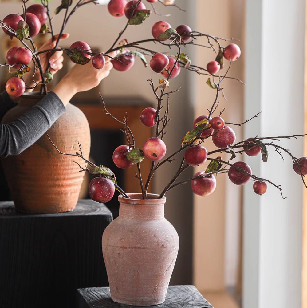 Faux Red Apple Branch Stem, 36in tall by RusticReach in a pink ceramic vase with red apples on Tampa Home & Garden Store