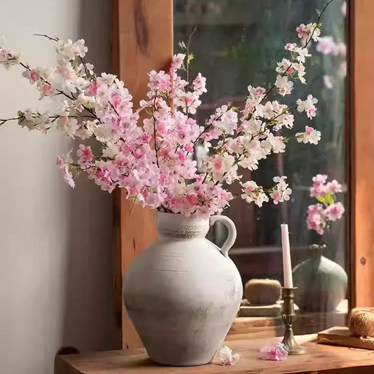 Blushing Cherry Blossom Branch 43.3 inches tall, artificial flowering plant in gray ceramic pitcher by RusticReach on Tampa Home & Garden Store