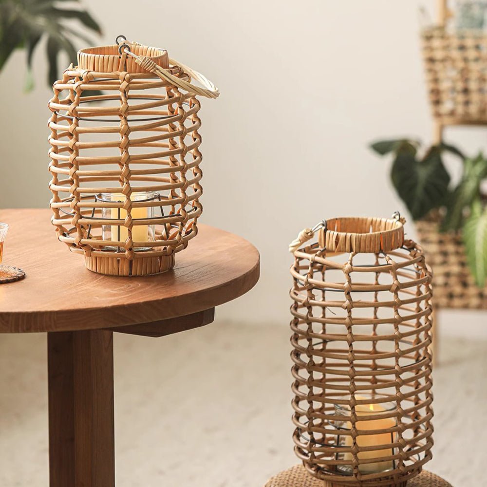 Decorative Bamboo Woven Lantern Holder RusticReach, set of two with candlelight, natural bamboo on Tampa Home & Garden Store