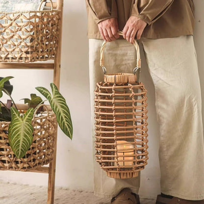 Bamboo Lantern Holder natural tan with woven handle RusticReach candle inside on Tampa Home & Garden Store