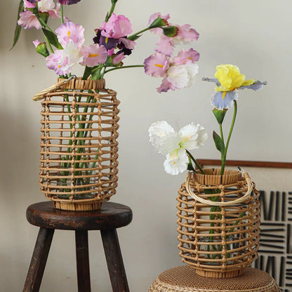 Decorative Bamboo Woven Lantern Holders pair with colorful flowers, natural bamboo finish on Tampa Home & Garden Store