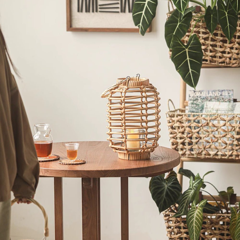 RusticReach natural bamboo lantern holder with woven lattice for candle on table on Tampa Home & Garden Store