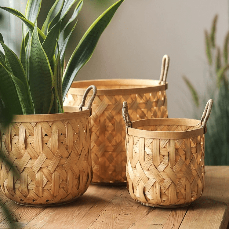 Bamboo Woven Storage Basket set of three by RusticReach; natural finish, rope handles on Tampa Home & Garden Store