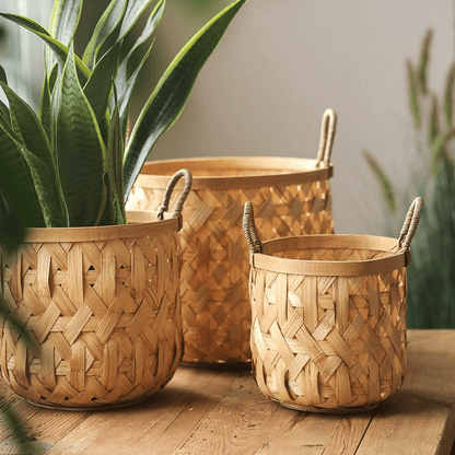 Bamboo Woven Storage Basket set of three by RusticReach; natural finish, rope handles on Tampa Home & Garden Store