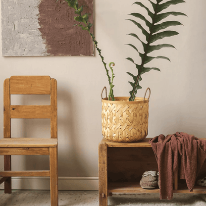 Bamboo Woven Storage Basket by RusticReach, natural bamboo with two handles on a wooden table on Tampa Home & Garden Store