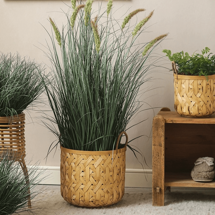 RusticReach Bamboo Woven Storage Basket with green grasses, natural tan finish, set of three on Tampa Home & Garden Store