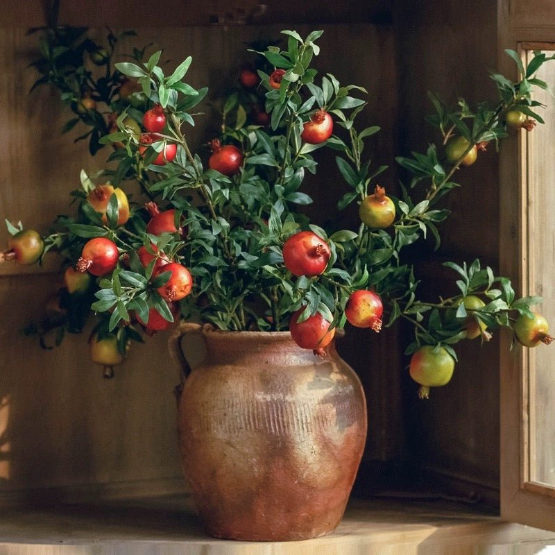Big Fruit Faux Pomegranate Stem 32in RusticReach artificial flowering plant in clay pot on Tampa Home & Garden Store