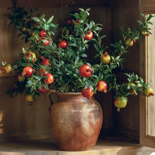 Big Fruit Faux Pomegranate Stem 32in RusticReach artificial flowering plant in clay pot on Tampa Home & Garden Store
