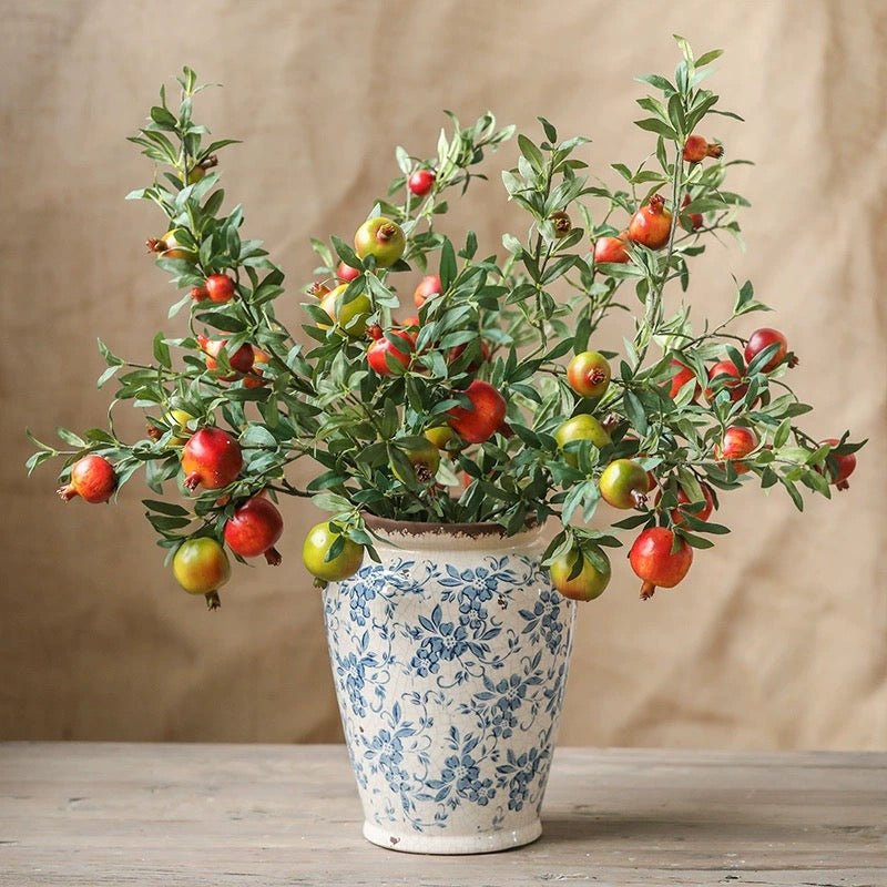 Big Fruit Faux Pomegranate Stem 32in artificial plant with blue ceramic pot RusticReach on Tampa Home & Garden Store