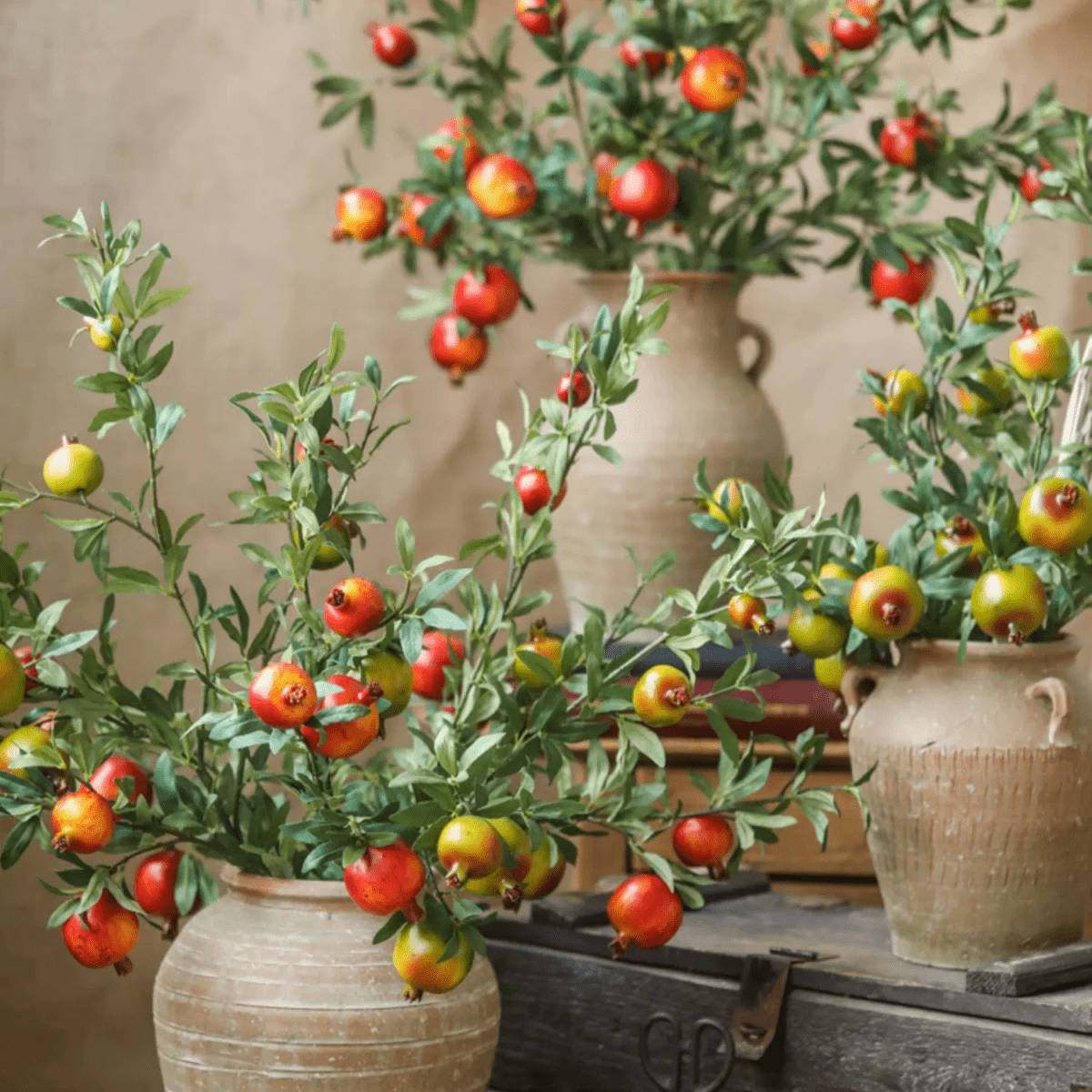 Big Fruit Faux Pomegranate Stem 32in Tall RusticReach red and green pomegranates on clay pots on Tampa Home & Garden Store