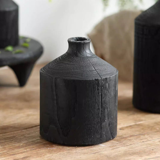 Black Wooden Vase Narrow Neck Decorative Bottle with textured wood grain RusticReach on Tampa Home & Garden Store