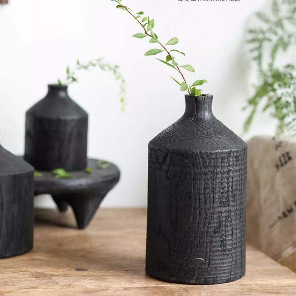 RusticReach black wooden vase with narrow neck, textured finish, set of 2 on Tampa Home & Garden Store
