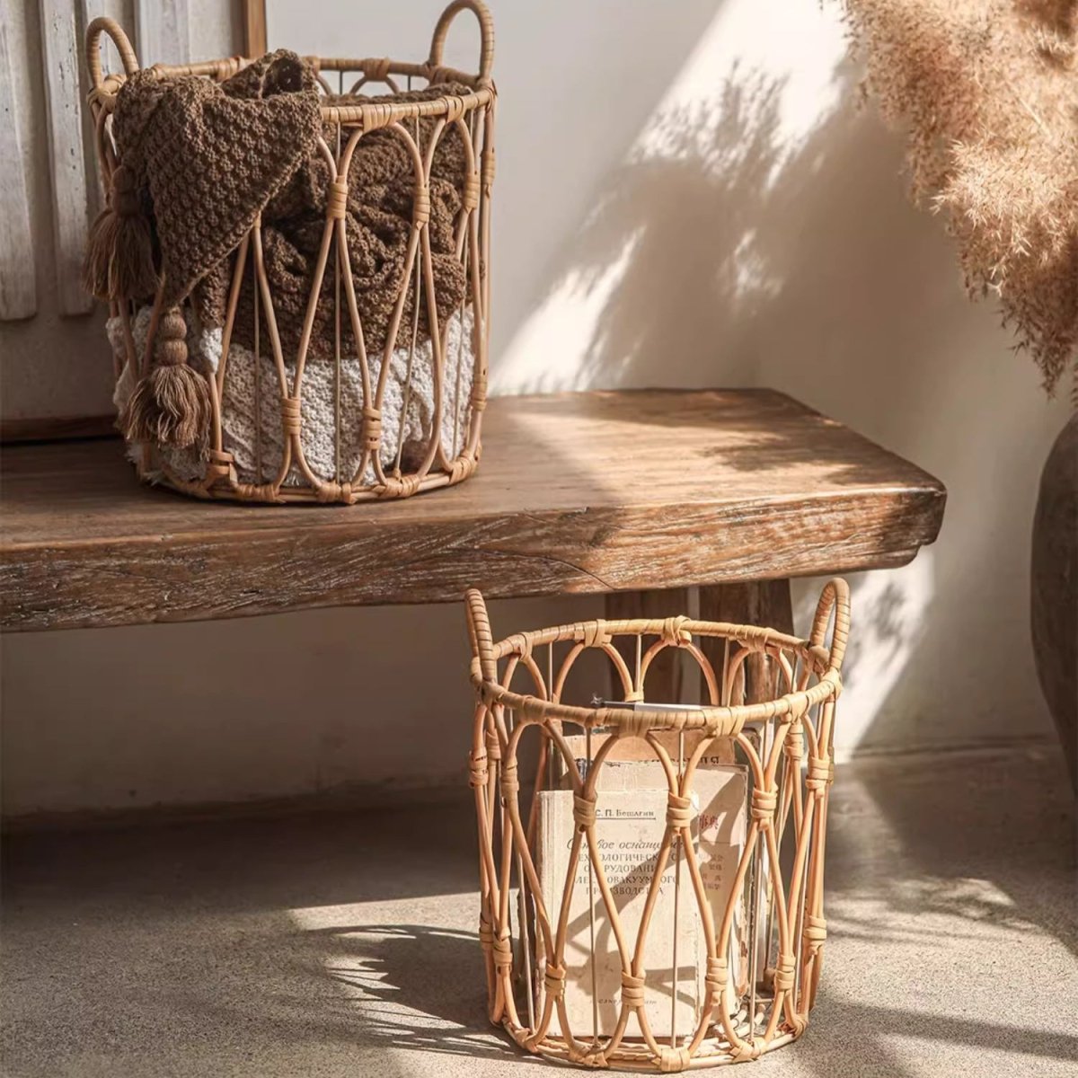 Bohemian open-weave rattan baskets (2) in natural tan by RusticReach on Tampa Home & Garden Store