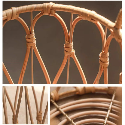 Bohemian open-weave rattan basket with natural tan color and knotted lattice detailing on Tampa Home & Garden Store