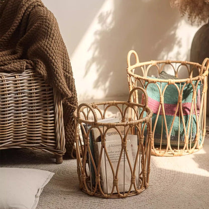 Bohemian open-weave rattan basket by RusticReach; three wicker baskets with blankets on Tampa Home & Garden Store
