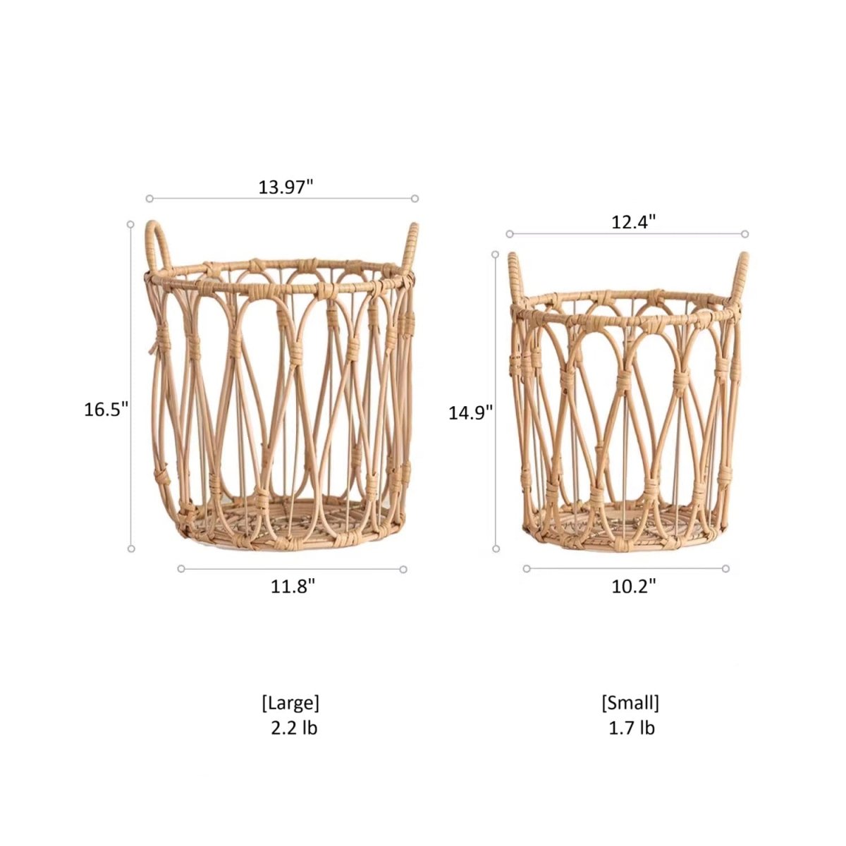 Bohemian open-weave rattan basket set by RusticReach in natural tan, two sizes on Tampa Home & Garden Store