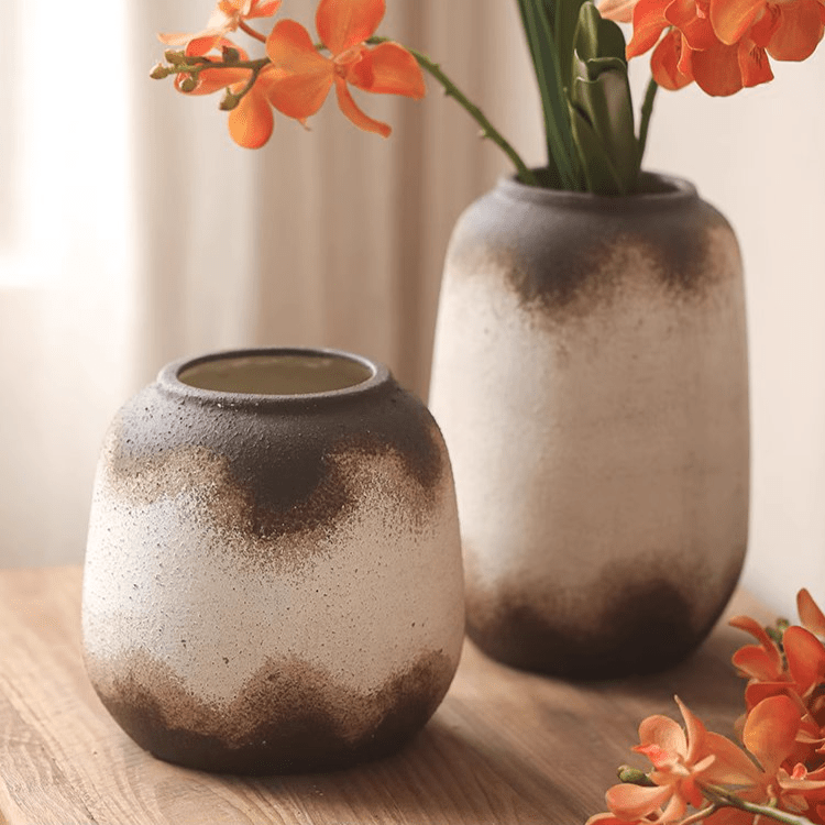 RusticReach watertight brown imprint ceramic vases set of 2 with speckled glaze on Tampa Home & Garden Store