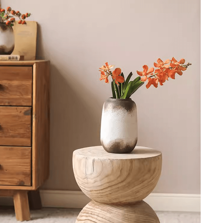 Watertight brown imprint ceramic vase with glaze and orange flowers on a wooden base on Tampa Home & Garden Store
