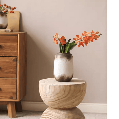 Watertight brown imprint ceramic vase with glaze and orange flowers on a wooden base on Tampa Home & Garden Store