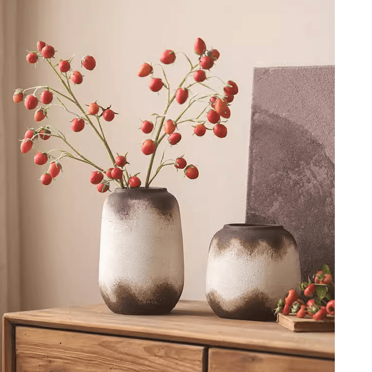 Watertight Brown Imprint Ceramic Vase set by RusticReach, two vases with brown imprint on wood on Tampa Home & Garden Store