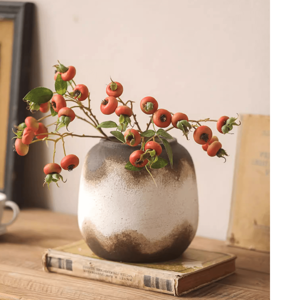 Watertight Brown Imprint Ceramic Vase by RusticReach with a two-tone glaze and berry branch on Tampa Home & Garden Store