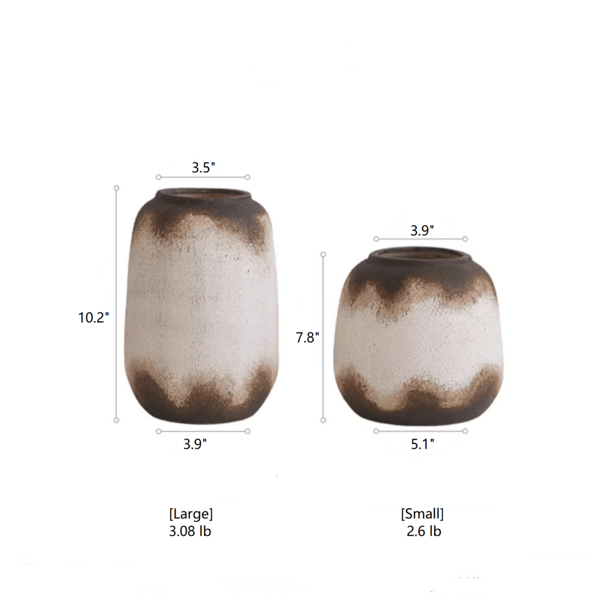 RusticReach watertight brown imprint ceramic vases, two sizes large 10.2in, small 7.8in, brown glaze on Tampa Home & Garden Store
