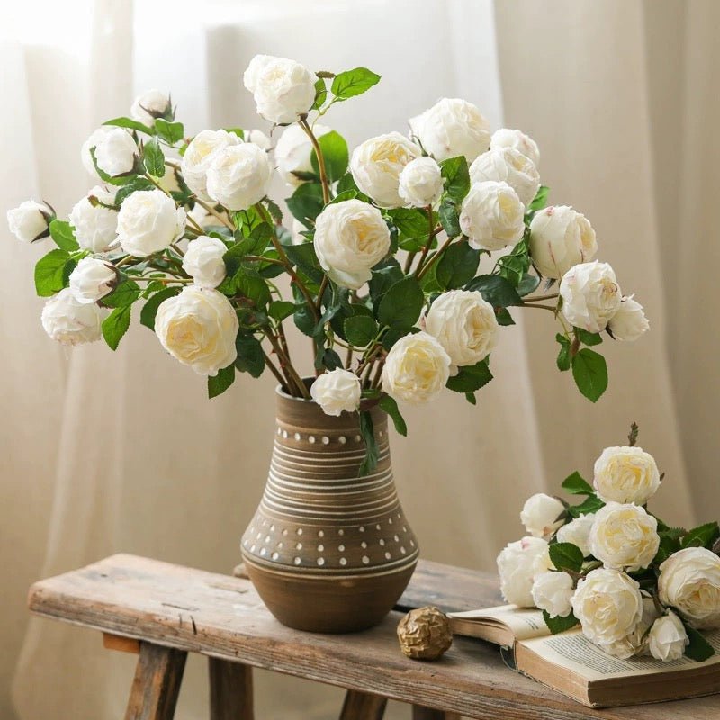 White cabbage rose stem bouquet 20.8 inches tall by RusticReach in a brown dotted ceramic vase on Tampa Home & Garden Store