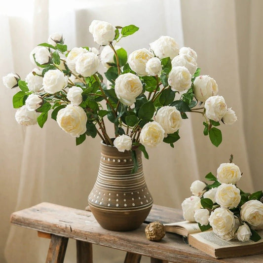 White cabbage rose stem bouquet 20.8 inches tall by RusticReach in a brown dotted ceramic vase on Tampa Home & Garden Store