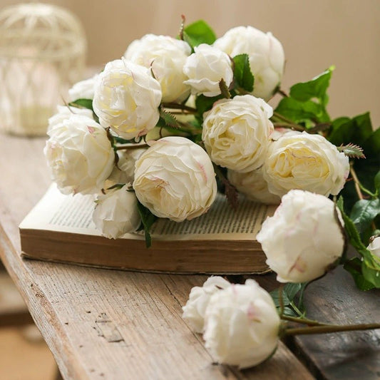 White cabbage rose stems RusticReach, 20.8 in tall, white blooms with green leaves on a book on Tampa Home & Garden Store