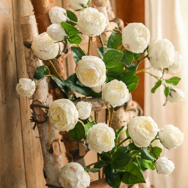 White cabbage rose stem by RusticReach, 20.8" tall, ivory blooms with green leaves on Tampa Home & Garden Store