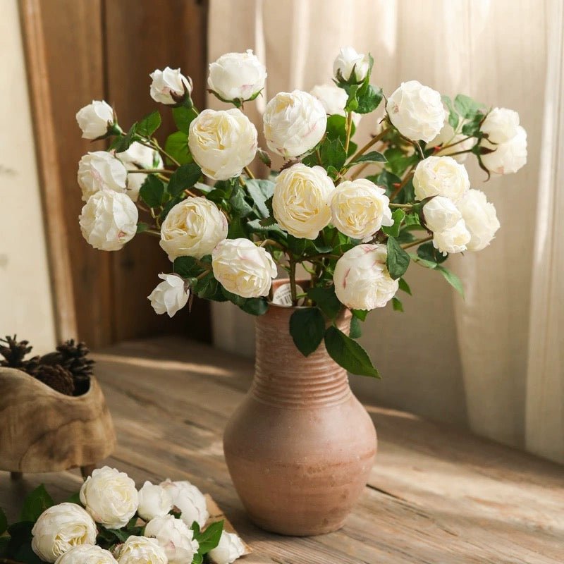 White cabbage rose stems bouquet in a pink ceramic vase, RusticReach, 20.8 inches tall on Tampa Home & Garden Store