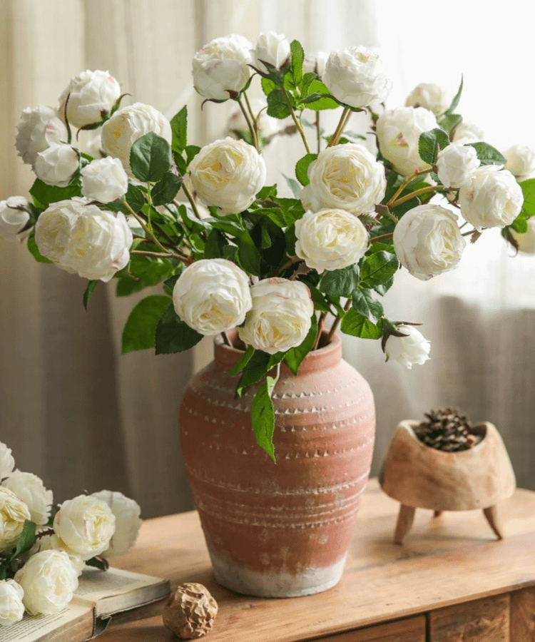 White Cabbage Rose Stem by RusticReach, 20.8in tall with white blooms in a pink vase on Tampa Home & Garden Store