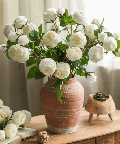 White Cabbage Rose Stem by RusticReach, 20.8in tall with white blooms in a pink vase on Tampa Home & Garden Store