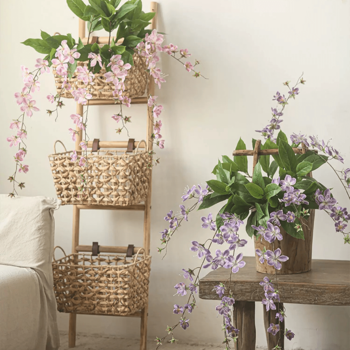 Artificial Cytha Jasmin Stem 2 stems RusticReach with pink cascades purple sprigs and leaves in wicker baskets on Tampa Home & Garden Store