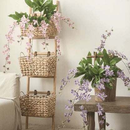 Artificial Cytha Jasmin Stem 2 stems RusticReach with pink cascades purple sprigs and leaves in wicker baskets on Tampa Home & Garden Store
