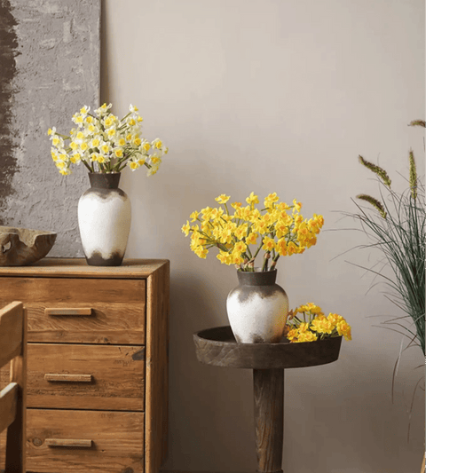 Faux Daffodil Bundle 24 Tall RusticReach yellow blooms in two ceramic vases on dresser on Tampa Home & Garden Store