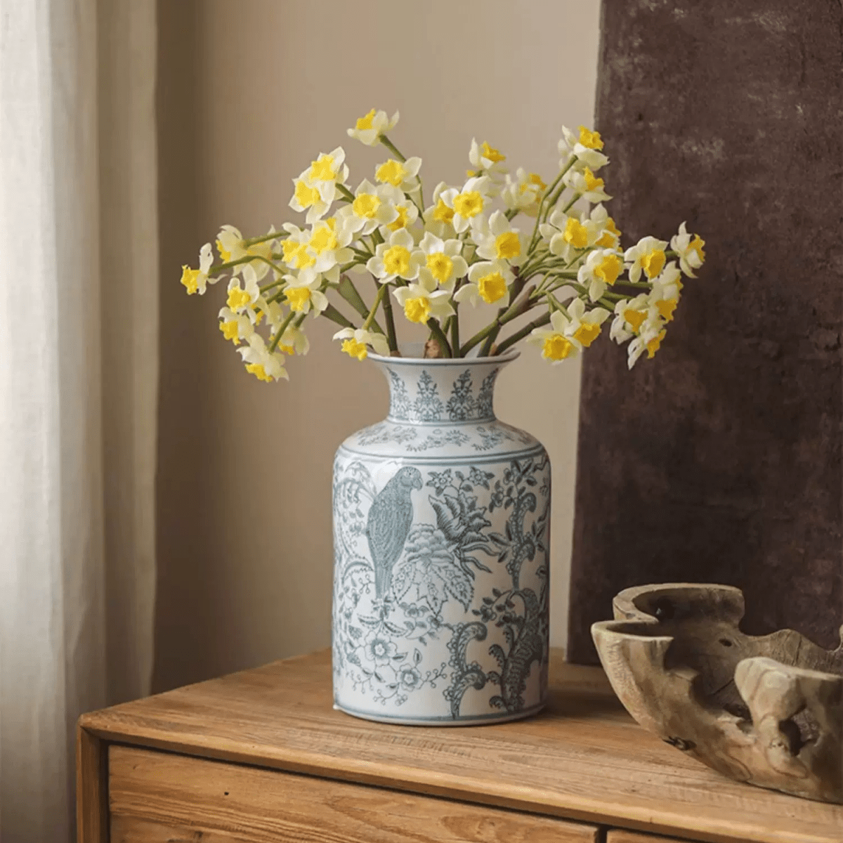 Faux Daffodil Bundle 24in RusticReach in blue-and-white ceramic vase with bird-and-flower print on Tampa Home & Garden Store