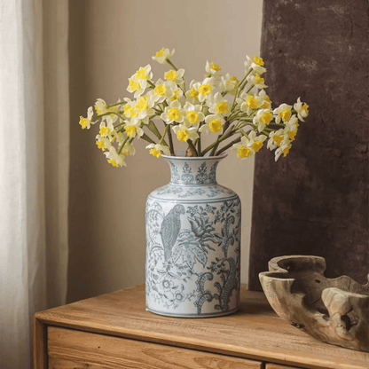 Faux Daffodil Bundle 24in RusticReach in blue-and-white ceramic vase with bird-and-flower print on Tampa Home & Garden Store