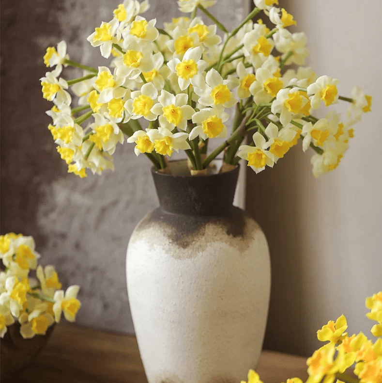 Faux Daffodil Bundle 24-inch tall in beige ceramic vase with dark brown glaze neck RusticReach on Tampa Home & Garden Store