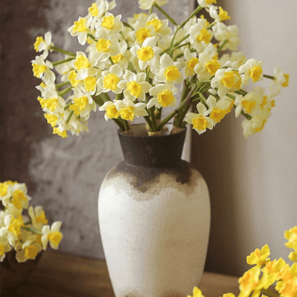 Faux Daffodil Bundle 24-inch tall in beige ceramic vase with dark brown glaze neck RusticReach on Tampa Home & Garden Store