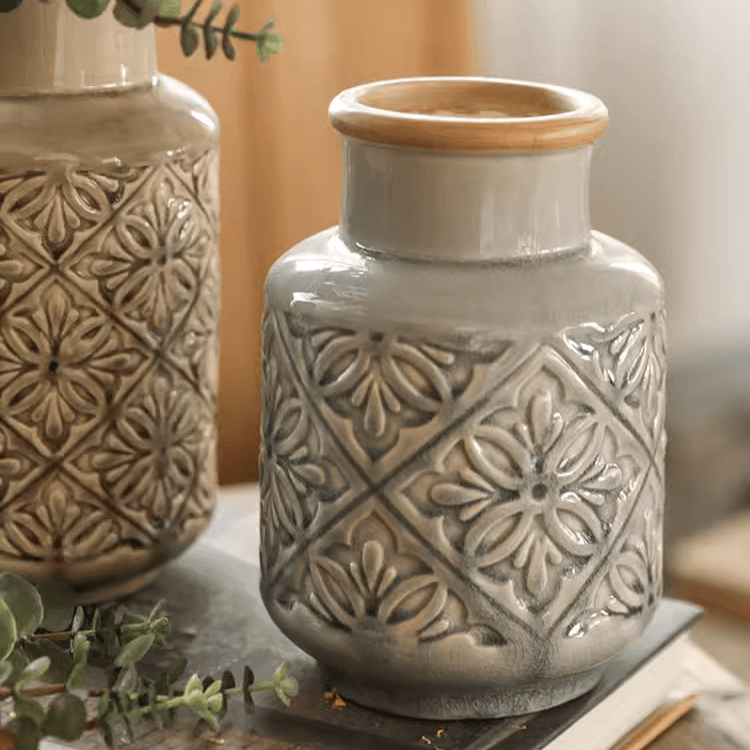 Domino Embossed Pattern Vase by RusticReach; gray ceramic with wood rim and diamond motif on Tampa Home & Garden Store