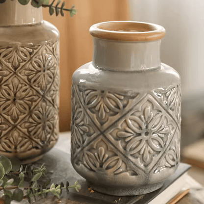 Domino Embossed Pattern Vase by RusticReach; gray ceramic with wood rim and diamond motif on Tampa Home & Garden Store