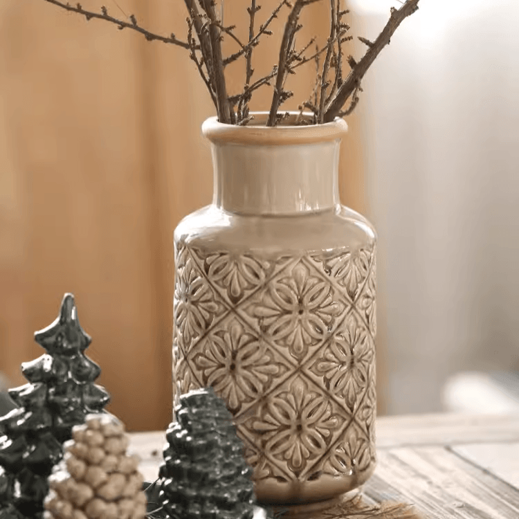 Domino Embossed Pattern Vase by RusticReach in beige ceramic with geometric floral relief on Tampa Home & Garden Store