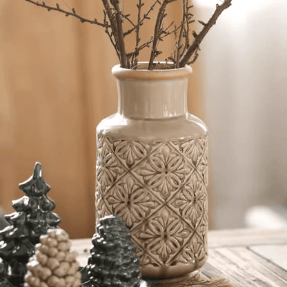 Domino Embossed Pattern Vase by RusticReach in beige ceramic with geometric floral relief on Tampa Home & Garden Store