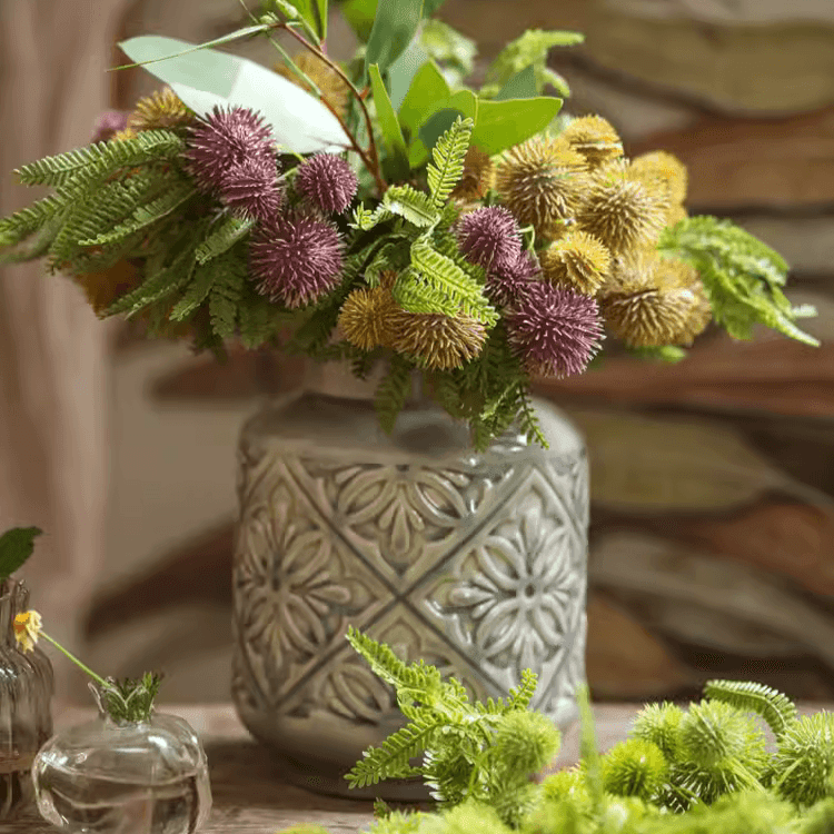 Domino Embossed Pattern Vase holds purple yellow pom-pom blooms RusticReach on Tampa Store on Tampa Home & Garden Store